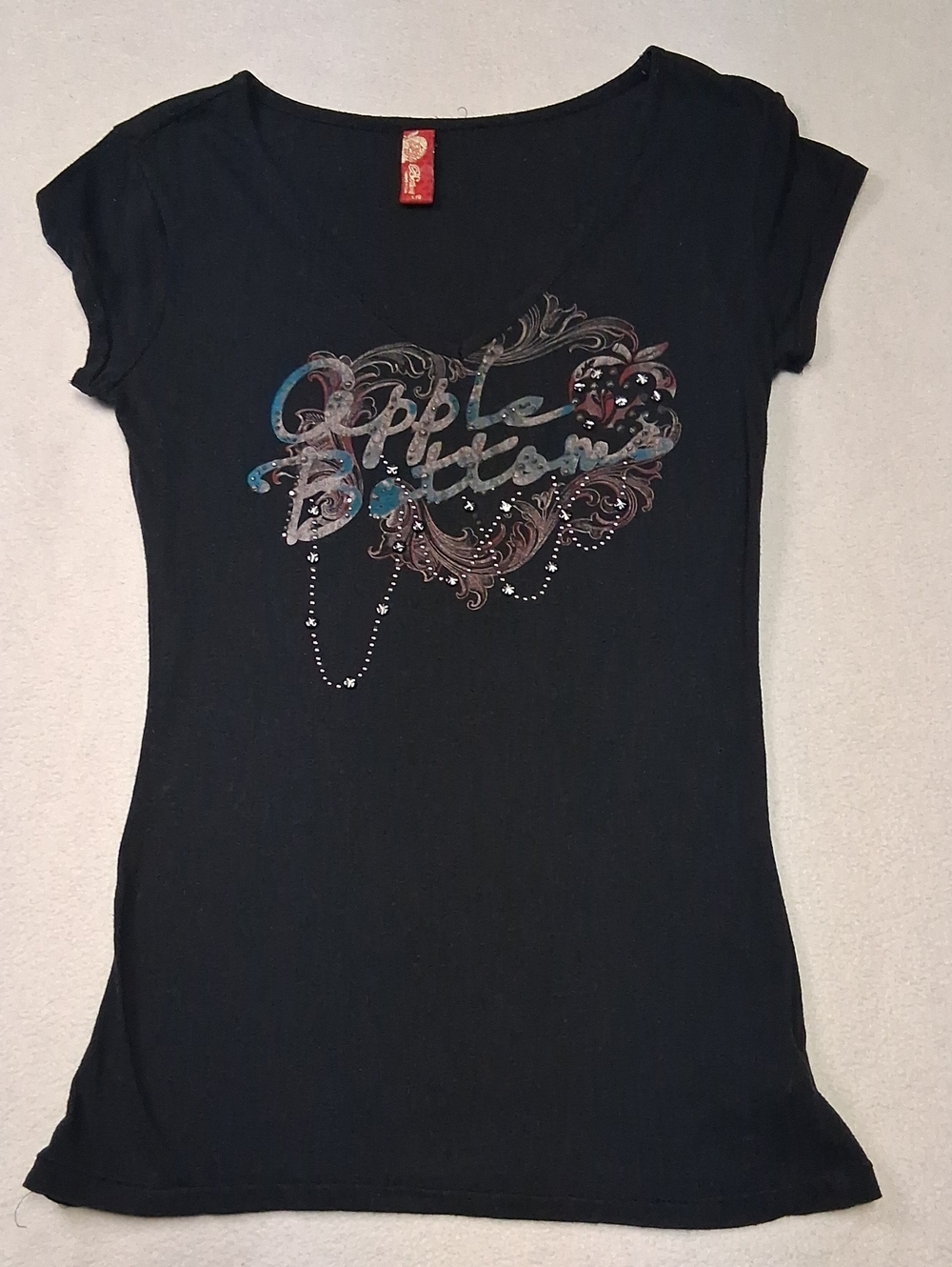 Y2K Apple Bottoms Black Tee with Metallic Script and Blue Accents